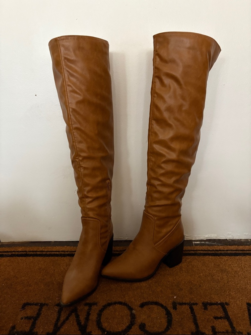 Thigh high cognac boots